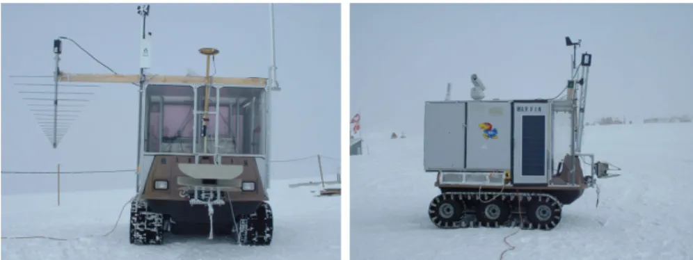 Fig. 4 MARVIN I in Greenland (2004) with external sensor components. A radar antenna mounted for data acquisition is also shown.