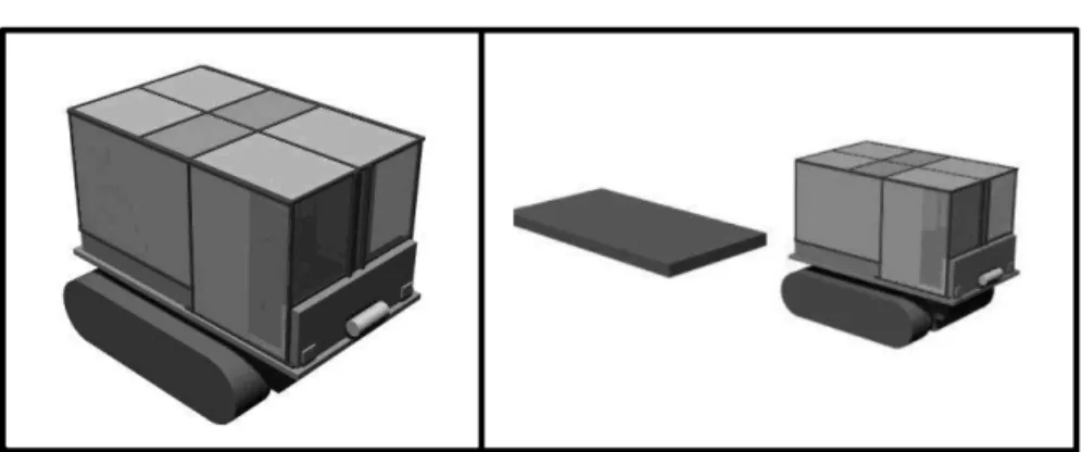 Fig. 5 Tracked vehicle model used for each simulation experiment (left), and the model towing an antenna sled.