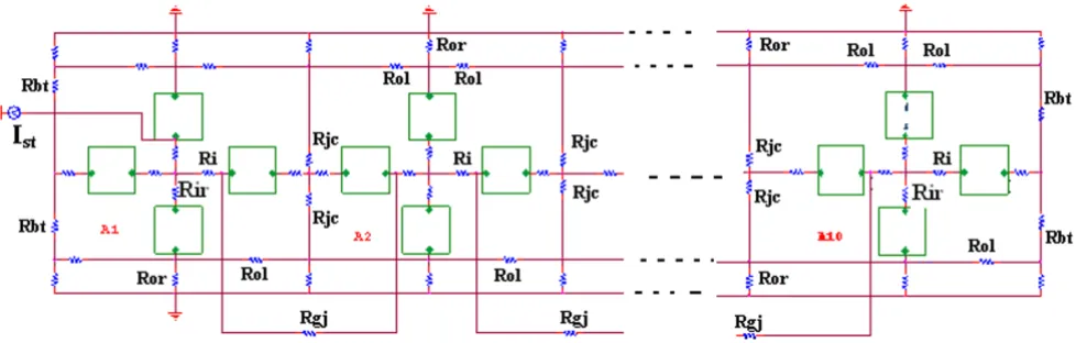 Figure 1Circuit diagram for the single chain of ten smooth muscle cells bathed in a bath of Ringer solutionstrand are depicted so that the circuit components can be seen more clearly