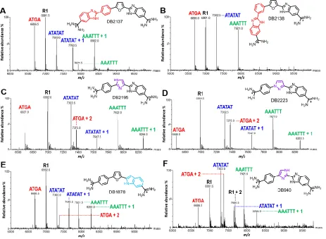 Figure 3.4 Spectra of DNA sequences titrated with analogues 3 - 8.  Unbound DNAs are indicated by the sequence “name” above the respective peak (e.g