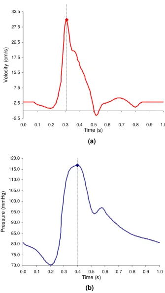 Figure 2In vivo luminal pulsatile velocity and pressure reproduced from [19]In vivo luminal pulsatile velocity and pressure reproduced from [19]: (a) velocity waveform (b) pressure waveform