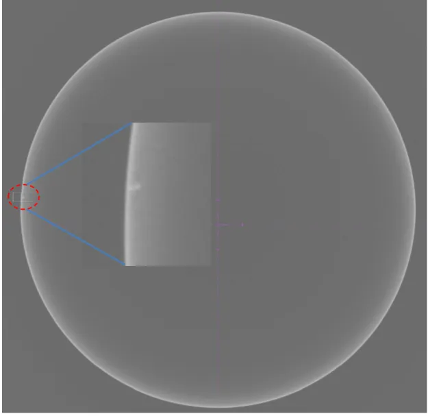 FIGURE 4.  Top view CT slice of heater head showing the thin, ill-defined inner wall, and exploded view of an actual flaw found