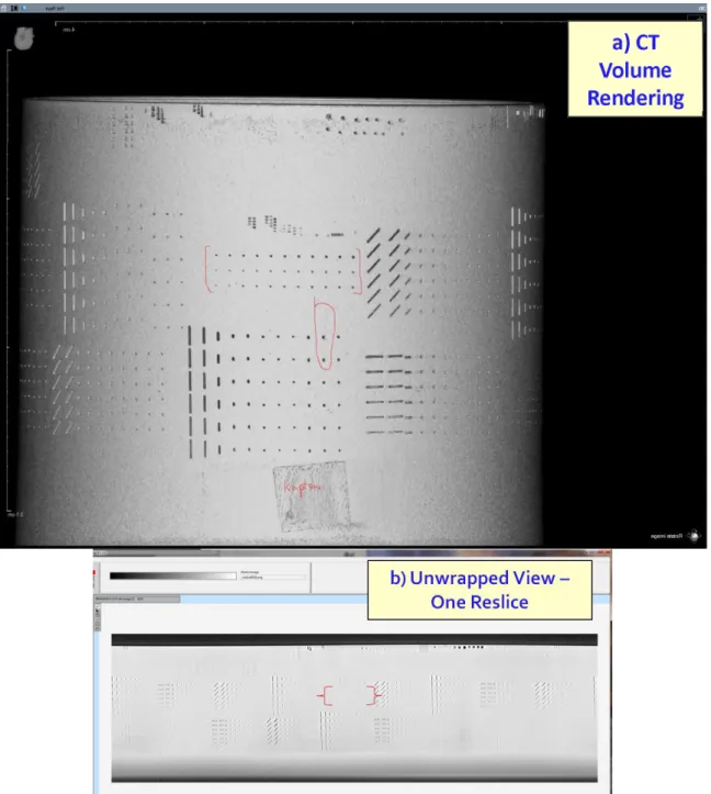 FIGURE 5.  a) CT volume rendering and b) one unwrapped reslice for heater head sample with machined-in flaws