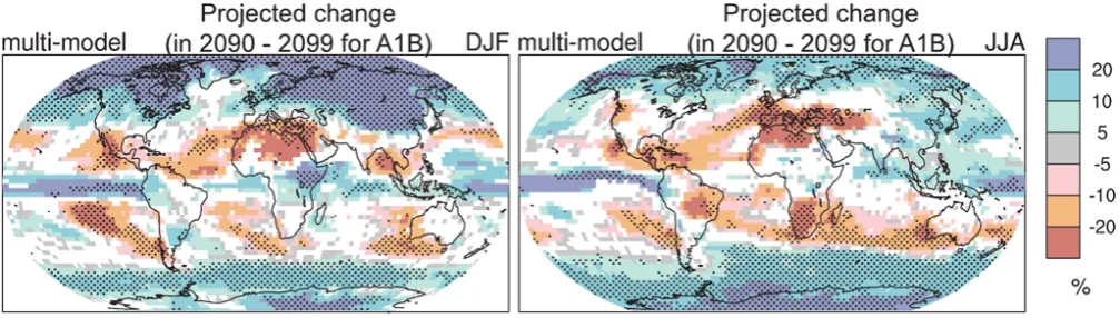 Fig. 1. Spatial patterns of changes (%) in precipitation by the period 2090 to 2099 relative to 1980 to 1999 based on the SRES A1B scenario.December to February means are in the left column, June to August means in the right column