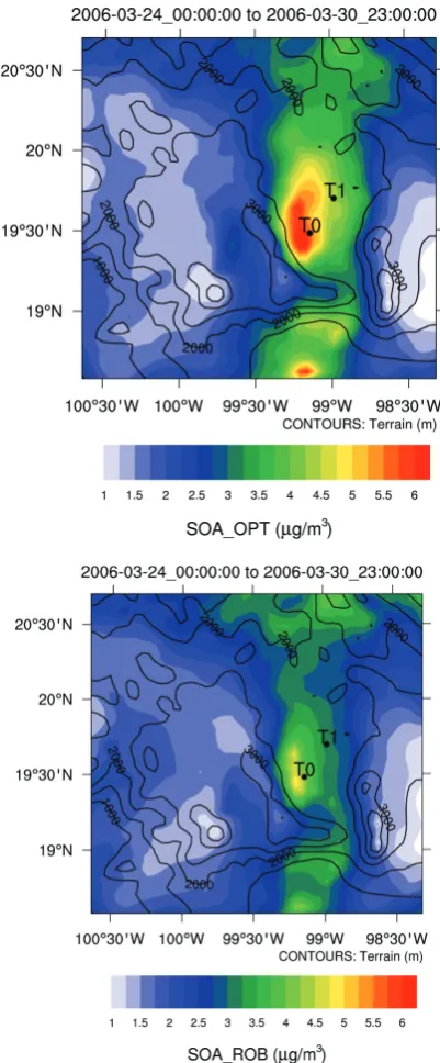 Fig. 3. Spatial distribution of surface SOA concentrations (µg mfrom anthropogenic and biomass burning precursors as predictedfor OPT−3) (a) and ROB (b) simulations in the vicinity of Mexico Citybetween 24 and 30 March.