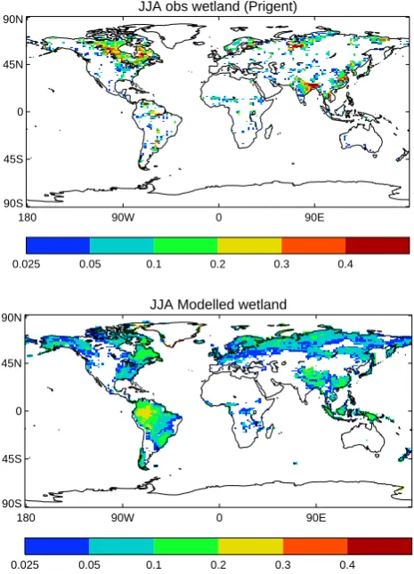 Fig. 6.0.025 June-July-August average inundation fraction:0.050.10.20.30.4 (a) satelliteobservations (Prigent et al., 2001, b) HadGEM2 model.