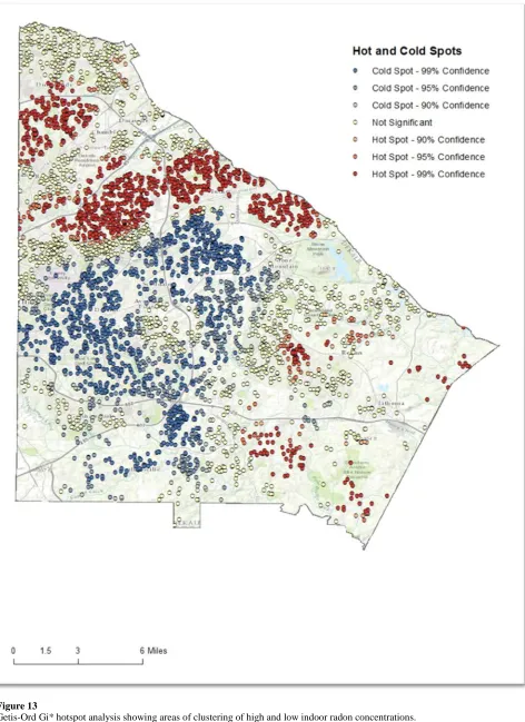Figure 13  Getis-Ord Gi* hotspot analysis showing areas of clustering of high and low indoor radon concentrations.