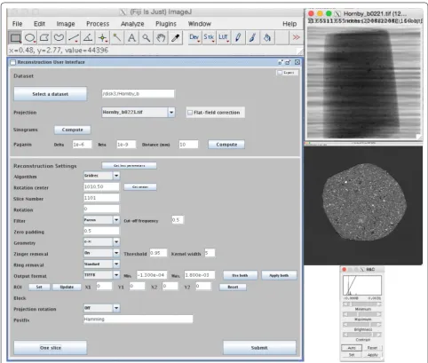 Fig. 3 Graphical user interface (large panel on the left) enabling parameter optimization and job submission to a cluster facility for the reconstruc-tion of full 3D volumes without the need for complex and error-prone command line activity