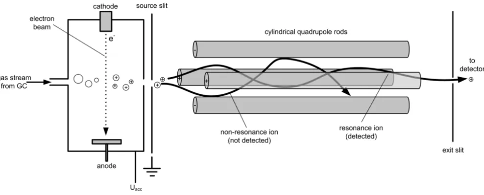 Figure 4MS instrumentSchematic view of the ion source based on electron impact ionization and the quadrupole mass filter typically found in a GC-Schematic view of the ion source based on electron impact ionization and the quadrupole mass filter typically found in a GC-MS instrument.