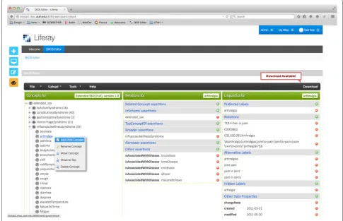 Fig. 1 Screenshot of the system interface showing a biosurveillance lexical resource, with a “new concept” pop-up