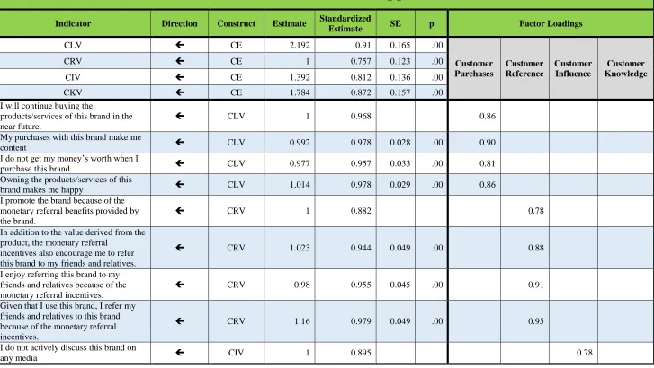 Table 1 – Results of CFA for Customer Engagement 