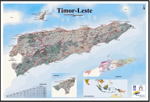 Figure 2. Map of Timor-Leste. ( Source : http://www.maps-of-the-world.net/maps/maps-of-asia/maps-of-east-timor/large-detailed-map-of-Timor-Leste-with-relief-roads-and-cities.jpg) 