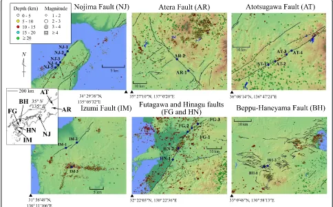 Figure 1 Location maps of seven active faults in western Japan and the associated distribution of earthquake epicenters