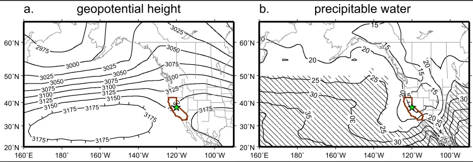 Figure 7.  (a) The 700 mbar geopotential height (m) pattern corresponding to the 16 months with highest lightning occurrence from June, July, August, and September months, 1985-2000