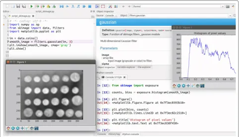 Fig. 2 The Spyder IDE integrates a text editor (with syntax highlighting), the IPython interpreter, as well as a panel for code introspection (online help, variable explorer, ...)