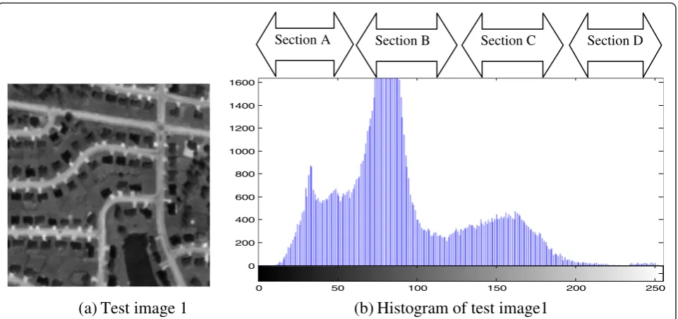 Figure 2 Test image 1 (a) and histogram of test image 1 (b).
