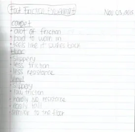 Figure 8.  Student #6 Engineering Notebook Entry Foot Friction Experiment. 