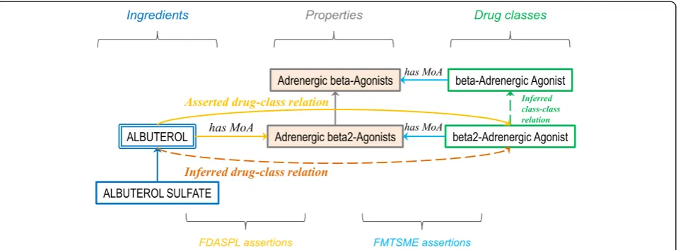 Figure 1 Method overview. Relations between the drug albuterol and the class beta2-Adrenergic Agonist [EPC], with asserted and inferred drug-classrelations
