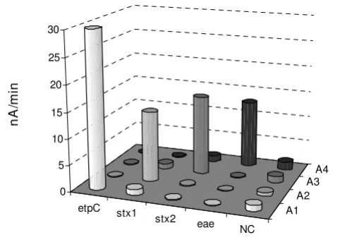 Figure 5EHEC DNA chip array assessmentwith capture probes. Each column is an average of three independent determinations