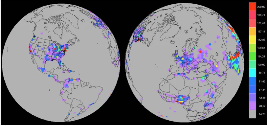 Fig. 7. Carbon monoxide emission ﬁeld generated by the PREP-CHEM-SRC program for the icosahedral grid (level G5, resolution around250 km) of FIM Model.