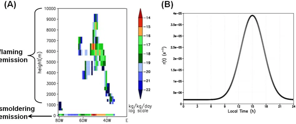 Fig. 3. (A) Figure 3. (A) An example of a simulated vertical cross section of biomass burning CO source emission on 1800 UTC 02 September 2002 at latitude 5.4 S (adapted from Freitas et al.,  An example of a simulated vertical cross section of biomass burn