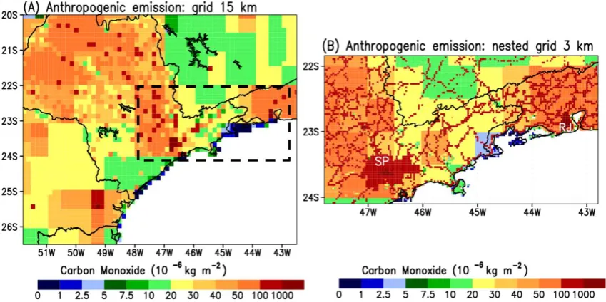 Fig. 4. Carbon monoxide anthropogenic emission ﬁeld generated by the PREP-CHEM-SRC program: Panel15 km horizontal resolution, Panel (A) for a regional grid with (B) for a nested grid with 3 km
