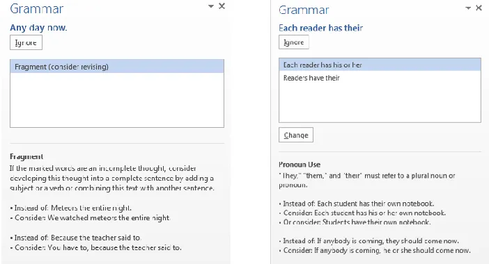 Figure 10. Two usage panels, one without and one with suggested corrections 