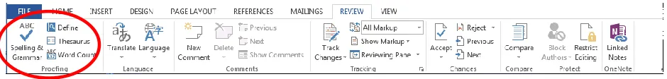 Figure 12. Word 2013 ribbon, showing Proofing tools under Review tab 