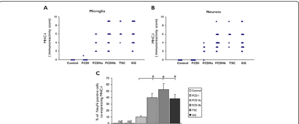Figure 1 Evaluation of MHC-I expression in control and FCD I, FCD IIa, FCD IIb, TSC and GG
