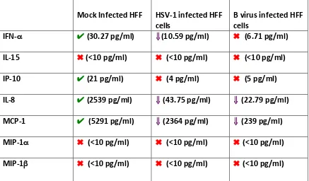 Table 
  2: 
  Summary 
  of 
  expression 
  of 
  cytokines 
  and 
  chemokines 
  responsible 
  for 
  NK 
  cell 
  migra-­‐tion 
  and 
  activation 
  by 
  mock, 
  HSV-­‐1, 
  or 
  B 
  virus 
  infected 
  HFF 
  cells 
  at 
  24 
  hpi 
  