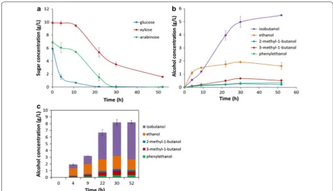 Fig. 4 Fermentation of pretreated DGS hydrolysates by mentation. E. coli BLF2. a Time‑dependent glucose, xylose and arabinose concentrations during the fer‑b Kinetic profile of fusel alcohol production during the fermentation