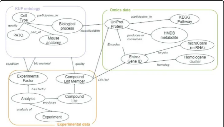 Figure 1 Schema overview. Overview of the KUP KB schema showing experimental data connected tobackground knowledge and annotated with the KUP ontology
