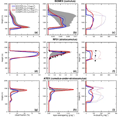 Fig. 2. Comparison of cloud fraction, layer-averaged cloud water content (a protocol established by GCSS for non-precipitating clouds