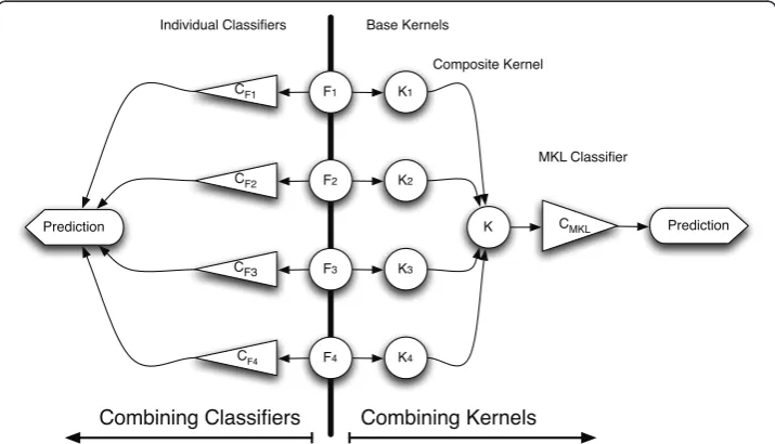 Figure 2 The intuition behind Multiple Kernel Learning and the differences with ClassifierCombination methods