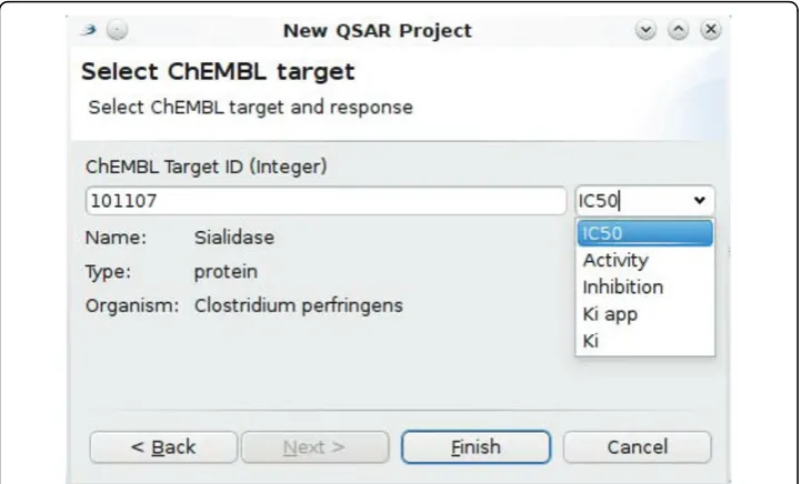 Figure 10 Screenshot of one of the Bioclipse Wizard pages to set up a new QSAR projectwizard allows the user to interactively select a target and activity using SPARQL functionality to downloadtitle, type, and organism details for the currently selected ta