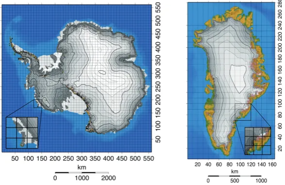 Fig. 7. The numerical grid of AGISM has a horizontal resolution of 10 km for both polar ice sheets (left panel: Antarctic ice sheet; rightdisplay observed surface elevation of the present-day ice sheets