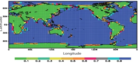 Fig. 8.Fig. 8. Fraction of ocean surface in each of the grid cell of ECBilt.   Fraction of ocean surface in each of the grid cell of ECBilt.