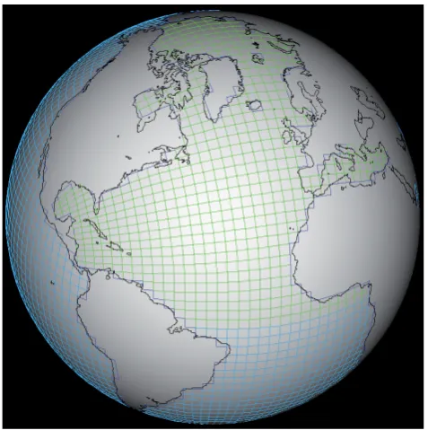 Fig. 4. The horizontal grid of CLIO at a resolution of 3° by 3°. The view is centred on the Atlantic