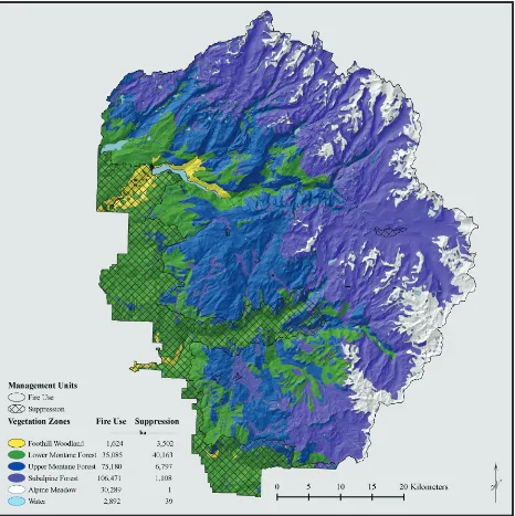 Figure 1.  Fire management zones and vegetation zones in Yosemite National Park.  In the ﬁ re use zone, most lightning ﬁ res are allowed to burn under prescribed conditions