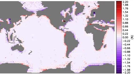 Fig. 7. Relative error obtained (in %) with the conservative remap-ping from the ORCA2 grid to the LMDz.
