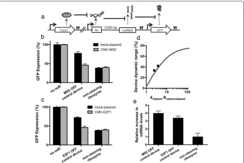 Figure 4 Protein-responsive RNAi-based OFF control devices.represent constructs with a protein-responsive ribozyme switch and no downstream miRNAs (negative control) and a construct with a non-cleavingribozyme upstream of a GFP-targeting miRNA (positive co
