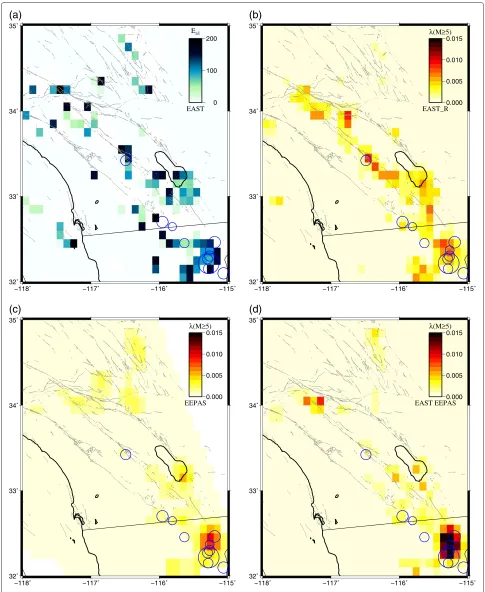 Figure 4 Three-month forecasts of EAST, EASTearthquakes. Note the higher contrast for the EASTmaximum of the alarm functionR, EEPAS, and EAST∗EEPAS models