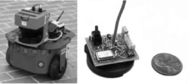 Figure 1. Hardware platforms: The Pioneer mobile robot and the mote beacon