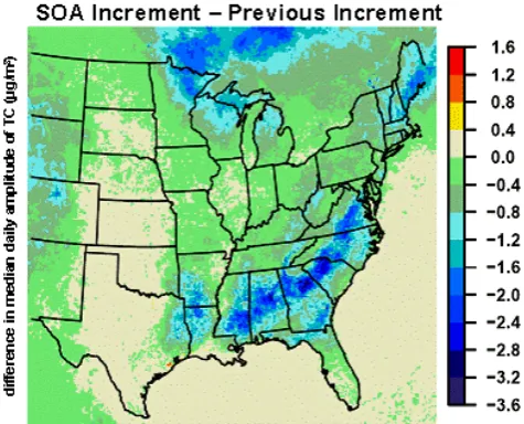 Fig. 4. Difference in the median of daily amplitudes (daily max –daily min) for TC (µg/m3) between the SOA module update and theprevious model version for August 2006.