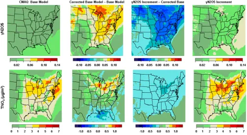 Fig. 1. Top row shows the average nighttime (04:00–09:00,GMT) values of γN2O5 at the surface layer over the eastern United States duringJanuary 2006