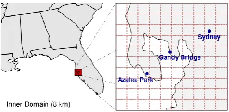 Fig. 2. Inner modeling domain (8 km×8 km) centered on Tampa,FL. Markers indicate land-based observational sites.