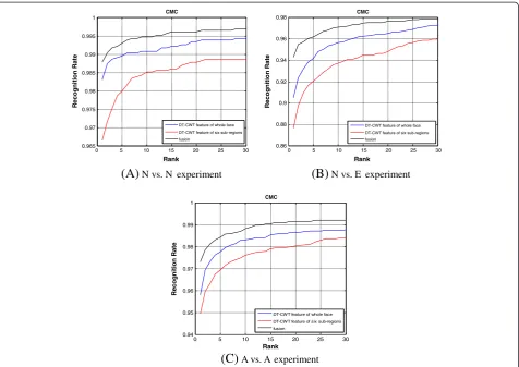 Figure 10 CMC curves. CMC curves using the feature of the whole face, the feature of the six subregions, and the fusion of the two.