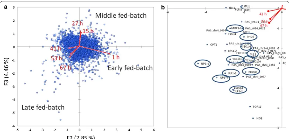 Fig. 5 Principal component analysis (PCA) bi-plots of the methanol fed-batch (1, 15, 27, 41, 53 and 67 h after starting the methanol fed-batch) referred to the glycerol fed-batch  (log2 fold change)
