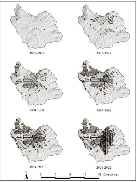Figure 3.  Fires in the Illilouette Creek Basin before and after the wildland fire use program was initiated in 1973, Yosemite National Park, 1930–2002