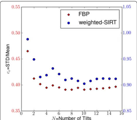 Fig. 5 Assessment on the ficient of variation convergence process. We monitor the coef-cv on the middle tomogram slice as the number N of tilt series increases; cv is implemented both with FBP (red diamond points, left y-axis) and wSIRT (blue circular poin